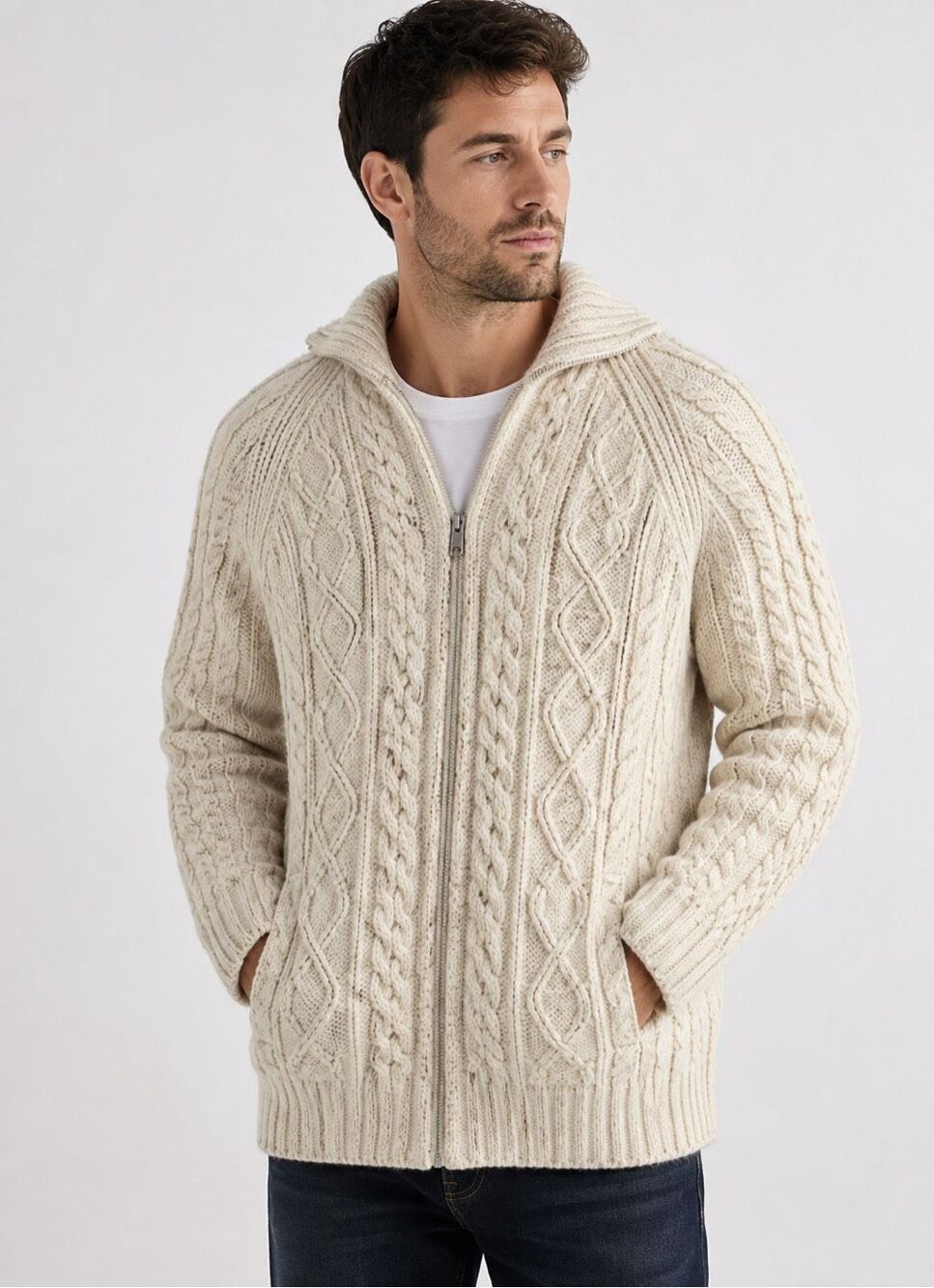 THANE Vintage Cable Knit Fisherman Full Zip Sweater Jacket Cream Men’s XL
